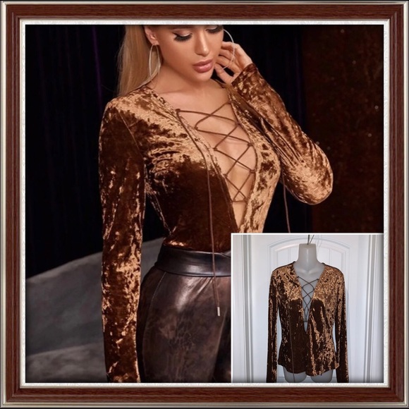 Brown Velvet Lace-Up Front Top - Picture 2 of 11